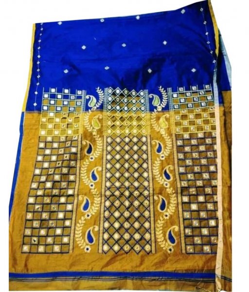 Blue &amp; Yellow Cotton Silk Cut Work Saree